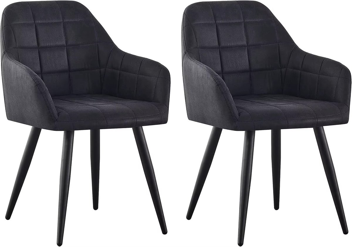 Whoopr® Set van 2 Eetkamerstoelen – Gestoffeerde Designstoelen van Kunstsuède – Moderne Stoelen met Armleuningen & Metalen Poten – Voor Eetkamer & Woonkamer Zwart