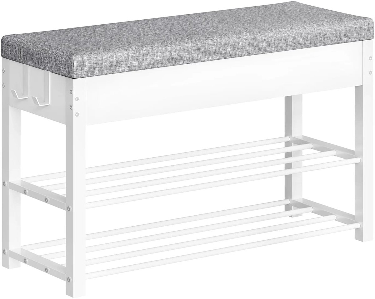 Klarven® Opbergbank Wit met lichtgrijs - Schoenenrek met Zitting en Opbergruimte, 2 Open Planken voor 8 Paar Schoenen, Metalen Frame, Draagvermogen 136 kg - B 80 x D 30 x H 50 cm
