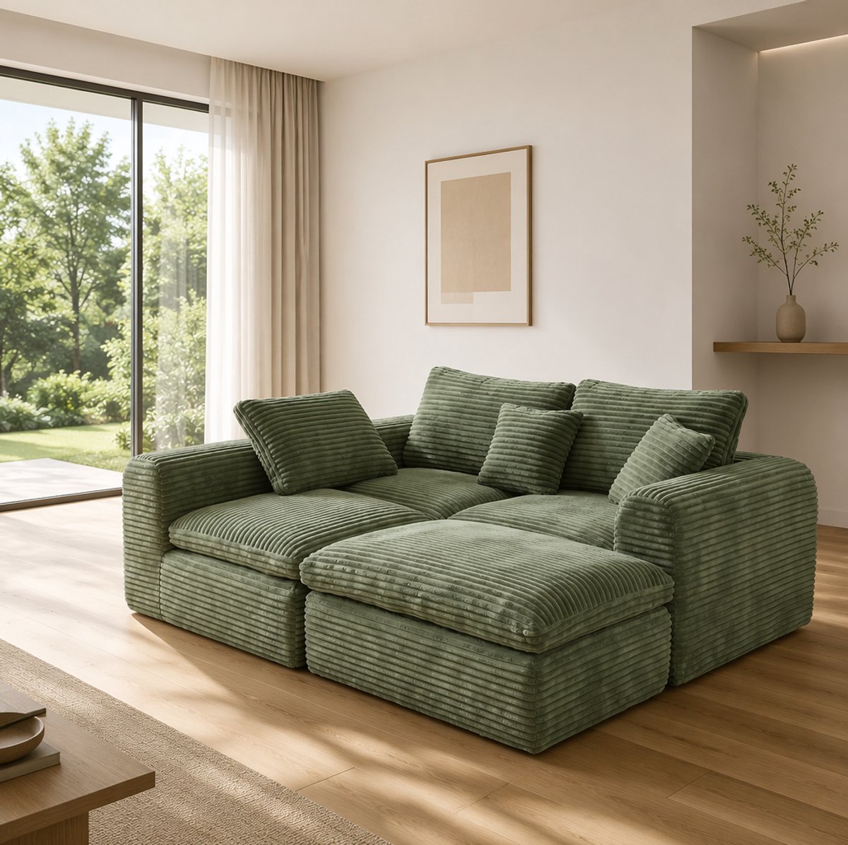 OKWISH Modulaire Hoekbank 3-Zits 3-in-1 - L-Vorm, Slaapfunctie En Zachte Zit - Voor Woonkamer, Slaapkamer En Studio - Corduroy - Groen