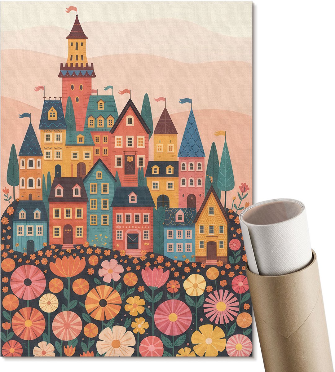 Coloray Canvas Poster Polycanvas - Kleurrijke Huizen, Illustratie - A4 - Oranje Poster - Rechthoek - Wandkunst - Woonkamer, Slaapkamer, Kantoor - Kinder