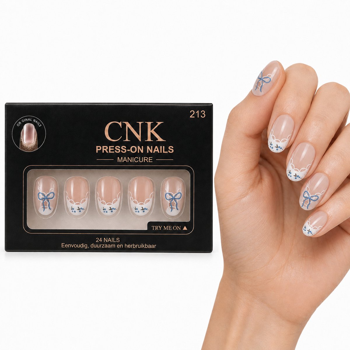 CNK 213 Press On Nails - Plaknagels - 24 Kunstnagels met Nagellijm, 24 Zelfklevende Plakstickers, Cleaner Wipe, Nagelvijl, Woodstick & Size Matcher - Nepnagels voor 7-14 Dagen - Herbruikbare Press-On Nagels - Starterspakket voor Manicure & Nail Art