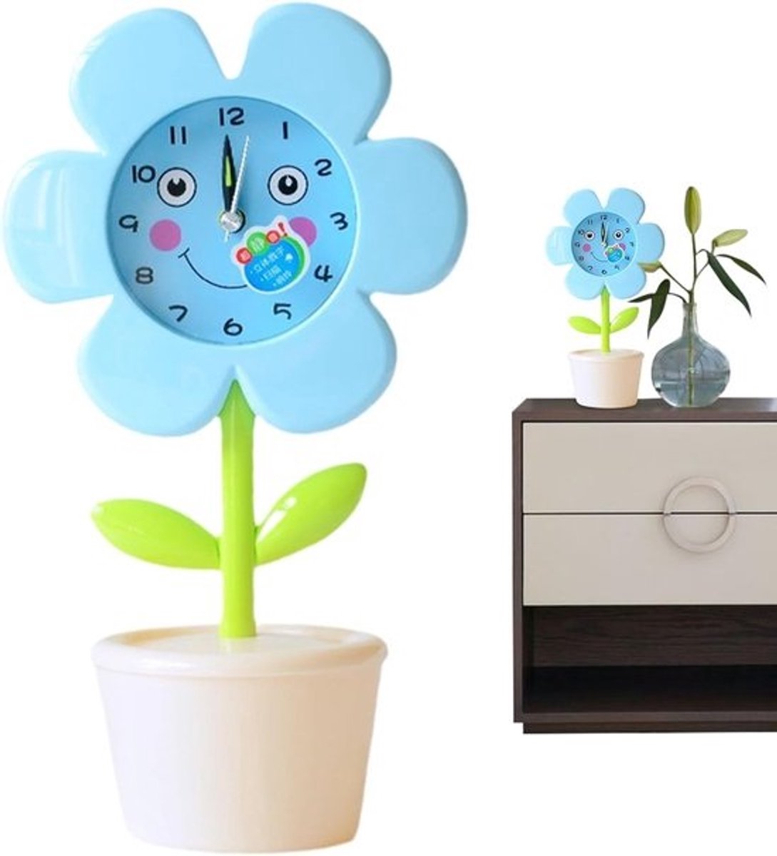 Kinderwekker Bloempot - Stille Wekker Timer - Tijd Beheren - Opbergvakje - 15 cm - Blauw
