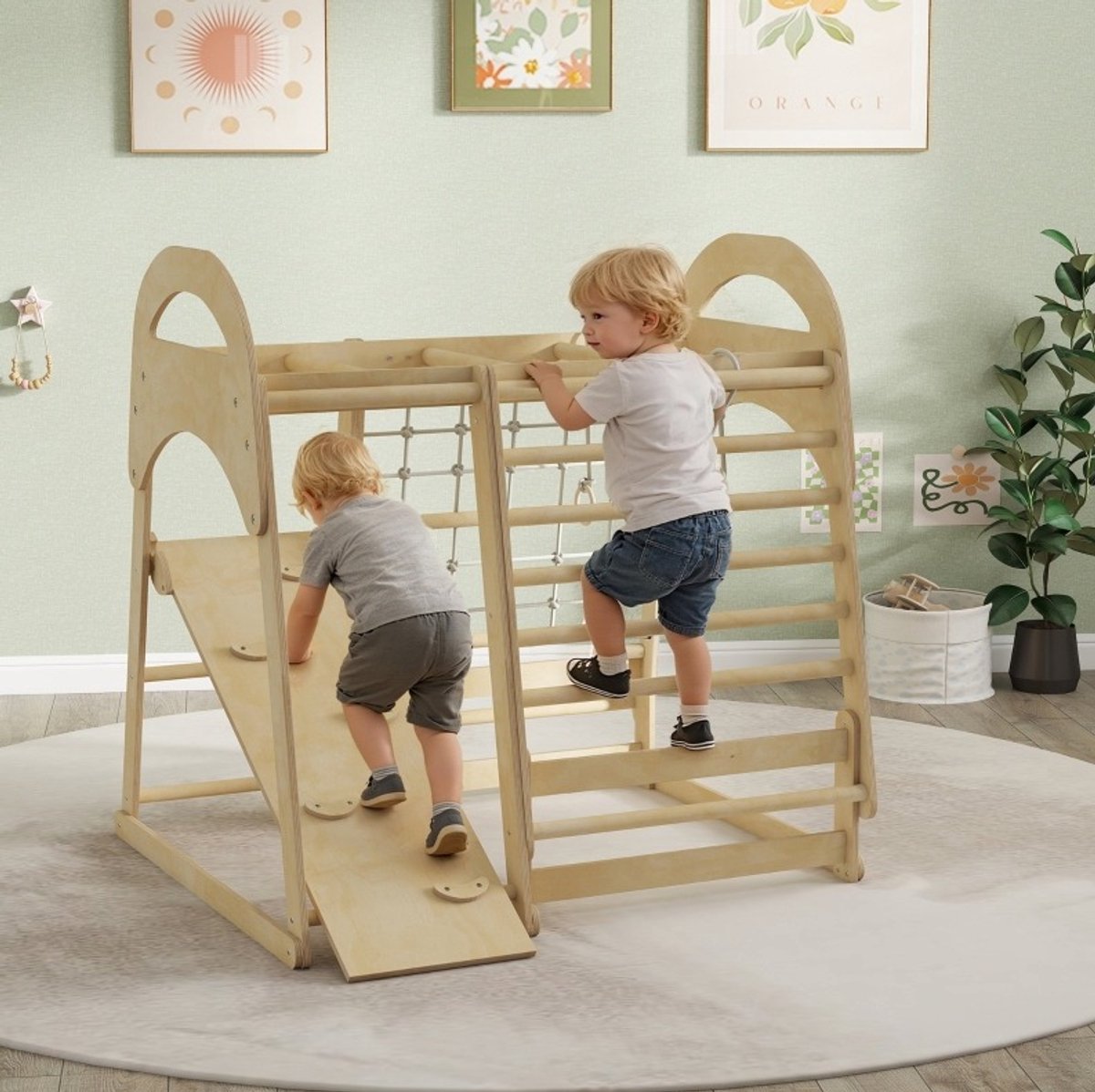 MODFU-Indoor Klimrek-6-In-1-Glijbaan-Klimnet-Natuurhout