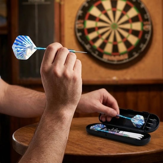 Blauw zilverkleurige dartpijlen 23 gram – 3 stuks steel tip darts met metalen punten – dartpijlen set met geribbelde grip en geometrische flights – inclusief extra shafts, flights, ringen en opbergdoos — afbeelding 3