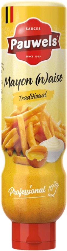 Gele fles Pauwels mayonaise met rode dop en Belgische vlag, "Mayon 'n waise".