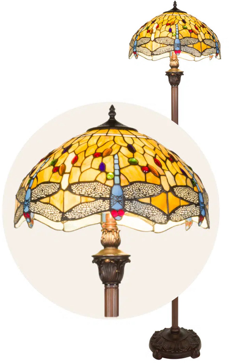 Tiffany vloerlamp Dragonfly met Brede Ronde Kap H 165 cm | RORUVERA