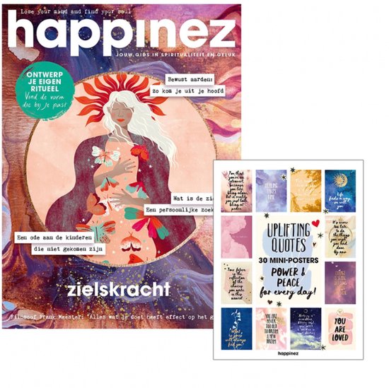 Happinez tijdschrift editie met 30 mini-posters met inspirerende citaten.