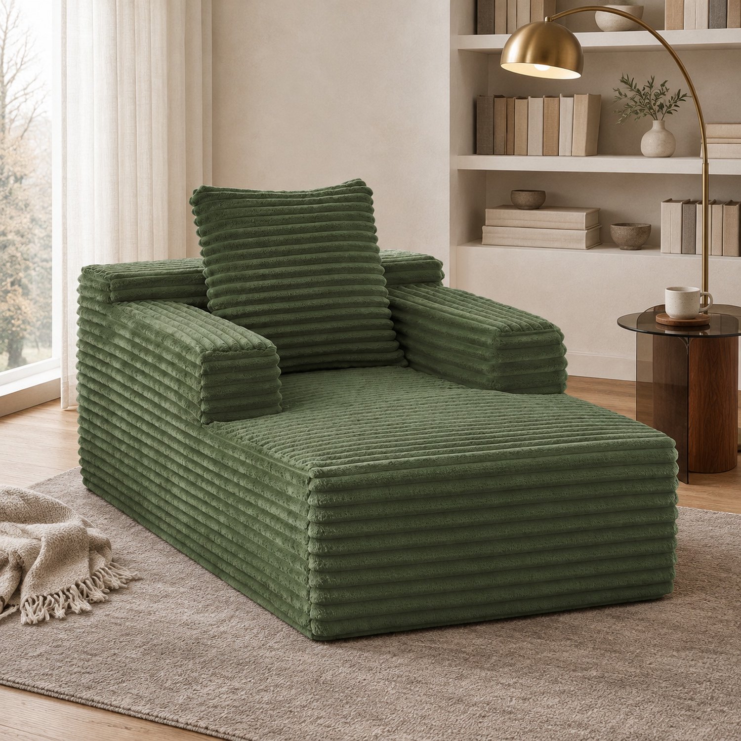 OKWISH Chaise Longue - 117 x 81 x 50 cm - 1-Zits Relaxstoel Zonder Montage - Ribstof - Voor Woonkamer Of Kantoor - Groen