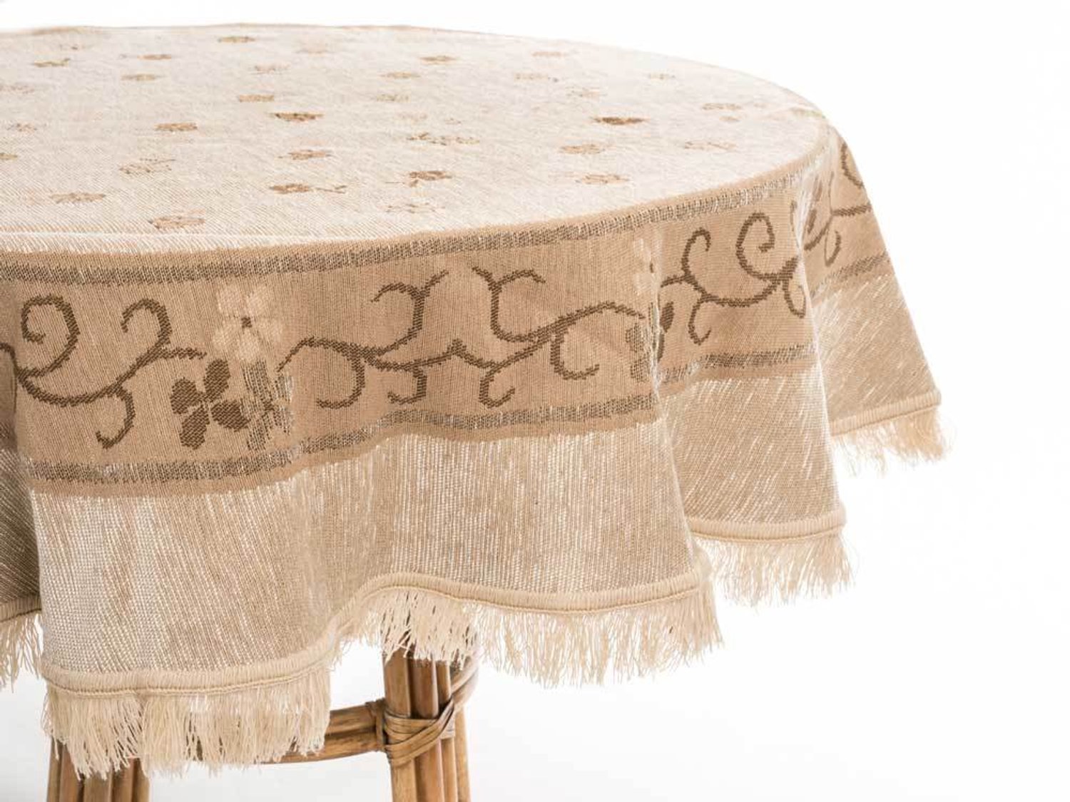Handweef Tafelkleed Hortensia 2 - 150 cm rond - bloemen - beige - bruin - chenille afgewerkt met franjes