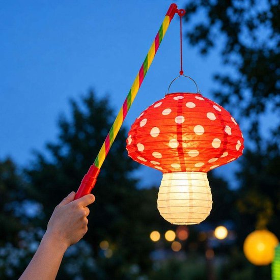 Paddenstoel Lampion met Stok - Rood met Witte Stippen - 20x20cm - Verjaardag Versiering Feest - Kinderfeestje Decoratie - Lampionnen — afbeelding 2