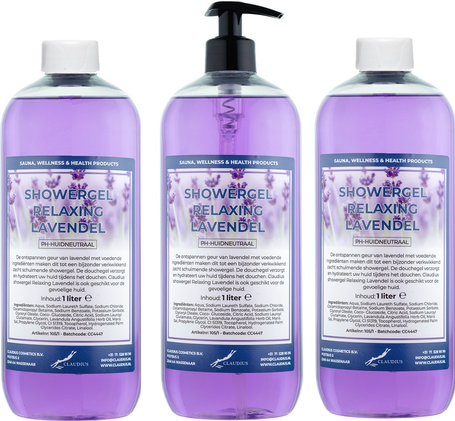 Claudius Douchegel Relaxing Lavendel 1 liter - set van 3 stuks - met gratis zwarte pomp - navulling - voordeelverpakking