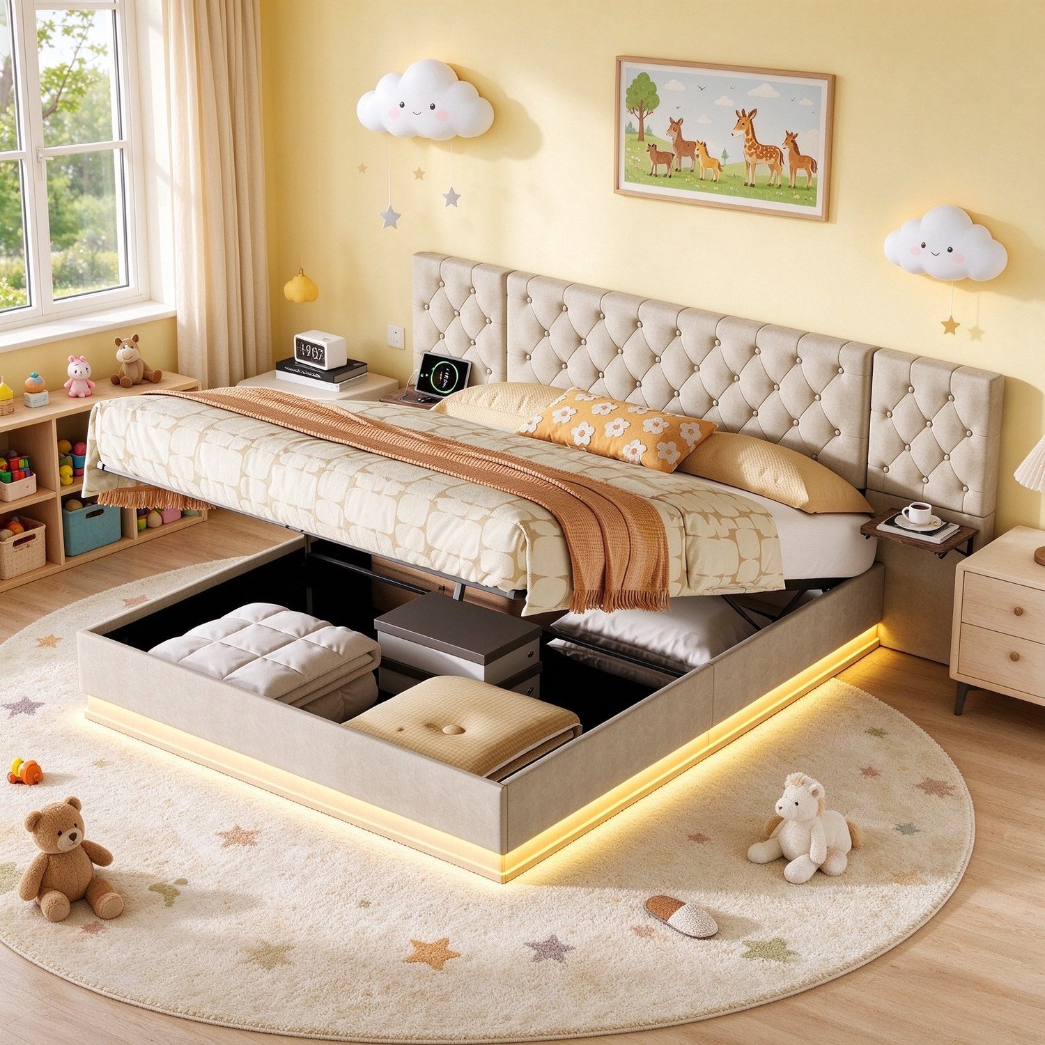 ROSAHQNDA Tweepersoonsbed volwassen bed 160x200 cm met opbergruimte, 2 hoofdbordplanken, LED-verlichting en lattenbodem, linnen, beige, zonder matras
