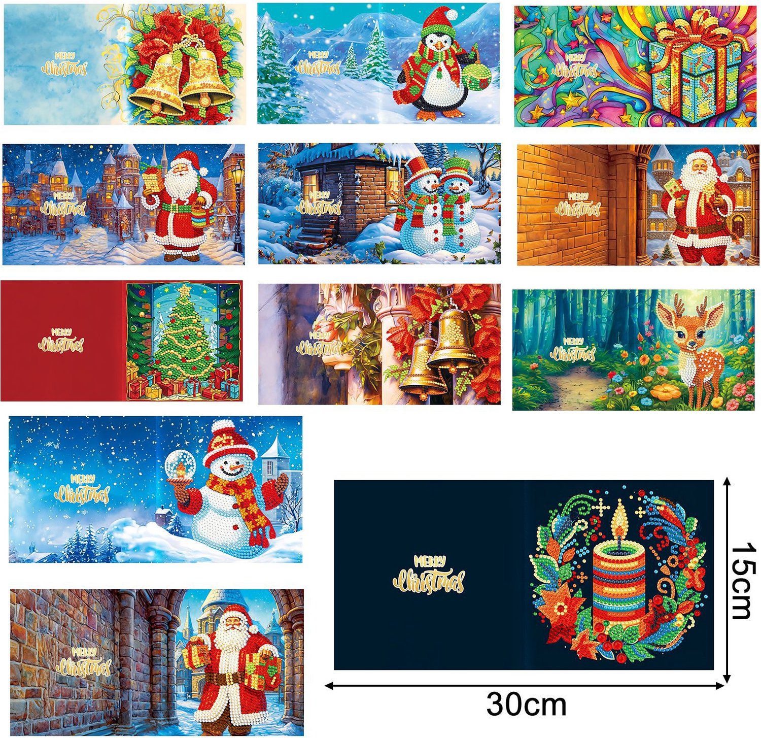 Diamond Painting - Kerstkaarten - 12 stuks met enveloppen - Ronde steentjes - Compleet Hobbypakket — afbeelding 2