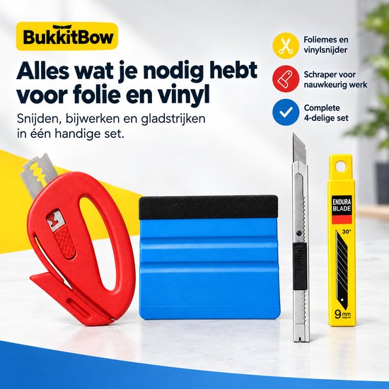 BukkitBow 4-delige set: rood mes, blauwe rakel en metalen meshouder. Tekst: Alles wat je nodig hebt voor folie en vinyl.