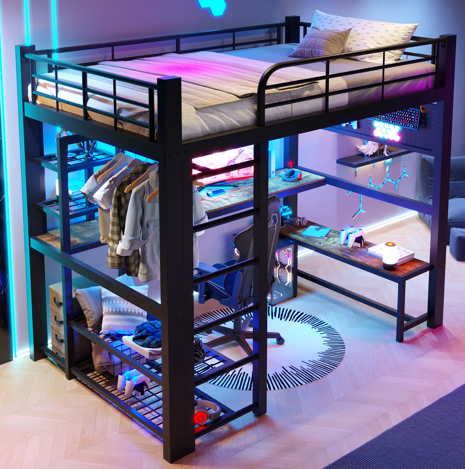 Wishdor Hoogslaper 140x200 cm - Met LED-verlichting en bureau - Opbergrekken, kledingstang en wandpaneel - Voor kinderkamer en tienerkamer - Metaal en hout - Zwart