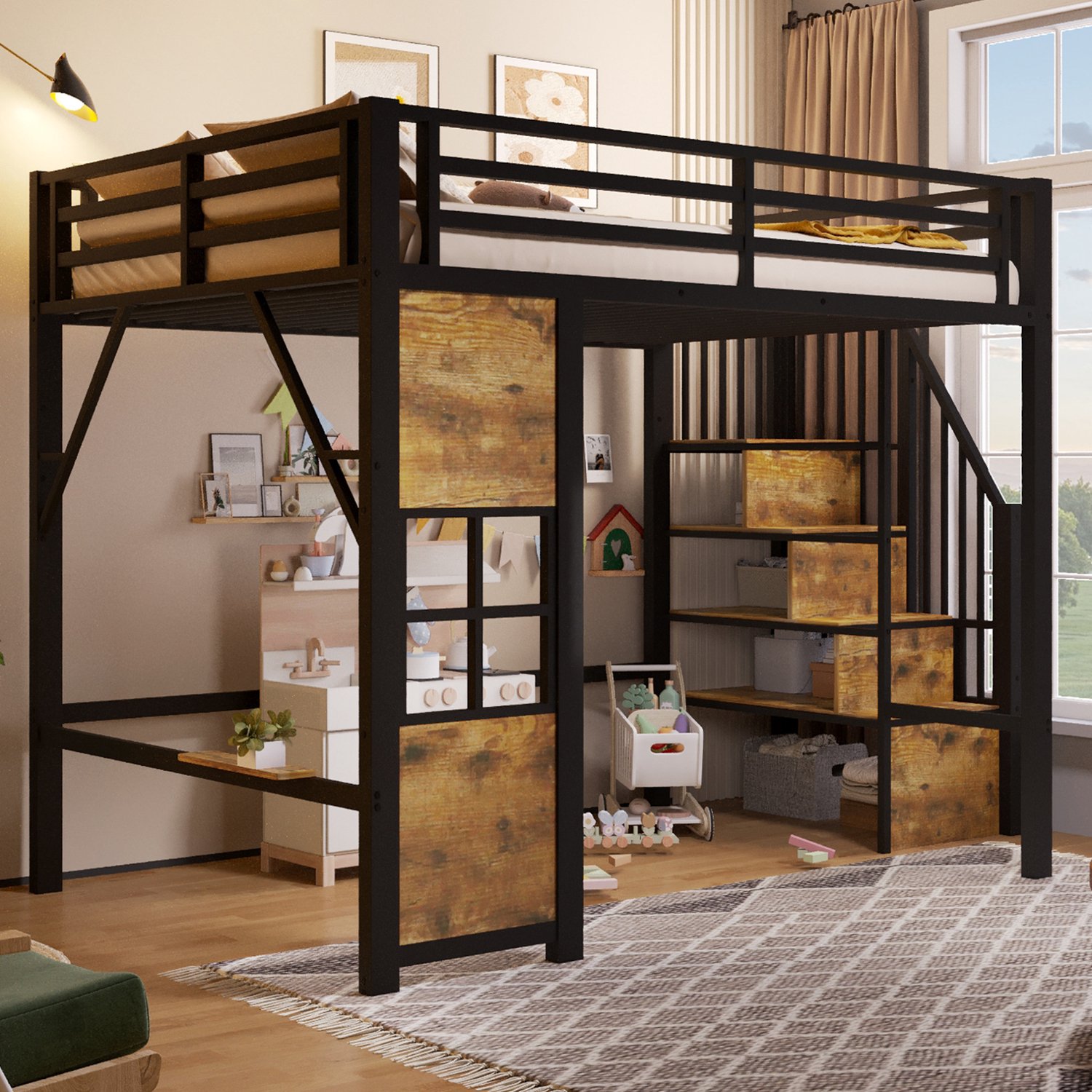 Wishdor Hoogslaper 140x200 cm - Metalen frame met MDF - Opbergtrap rechts - Uitvalbeveiliging - Open speelruimte en wandrek - Kinderkamer - Zonder matras - Zwart