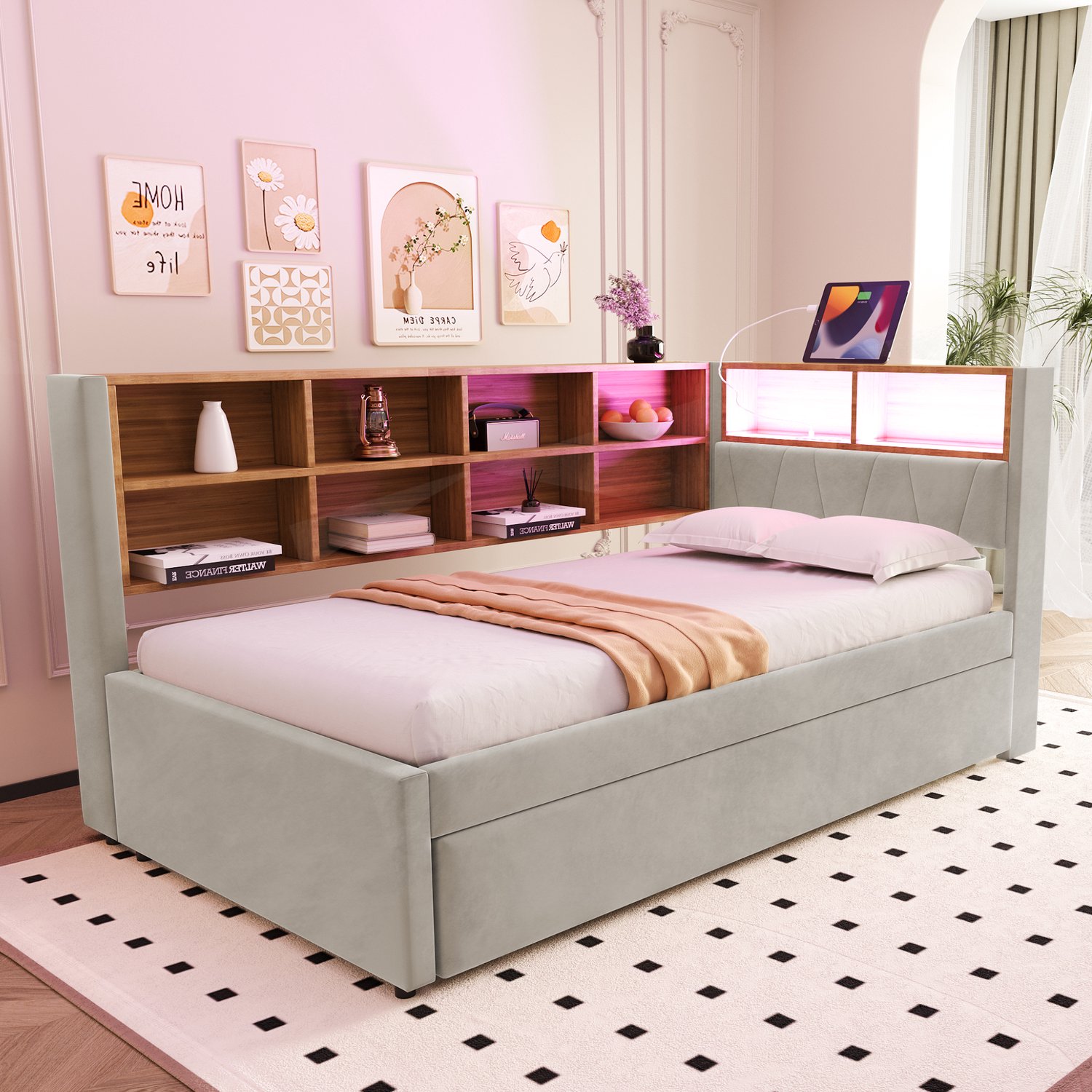Merax Slaapbank 90x200cm - uitschuifbaar bed 90x190cm - met LED-verlichting - stopcontact en opbergruimte - lichtgrijs - zonder matras