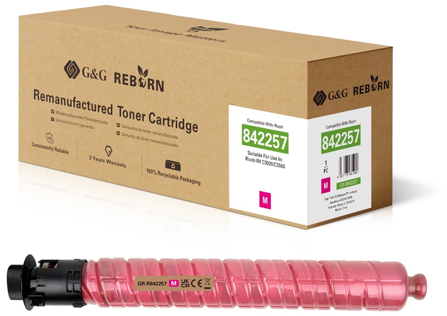 G&G Toner vervangt Ricoh 842257 Compatibel Magenta 19000 bladzijden GR-R842257 Kleurloos