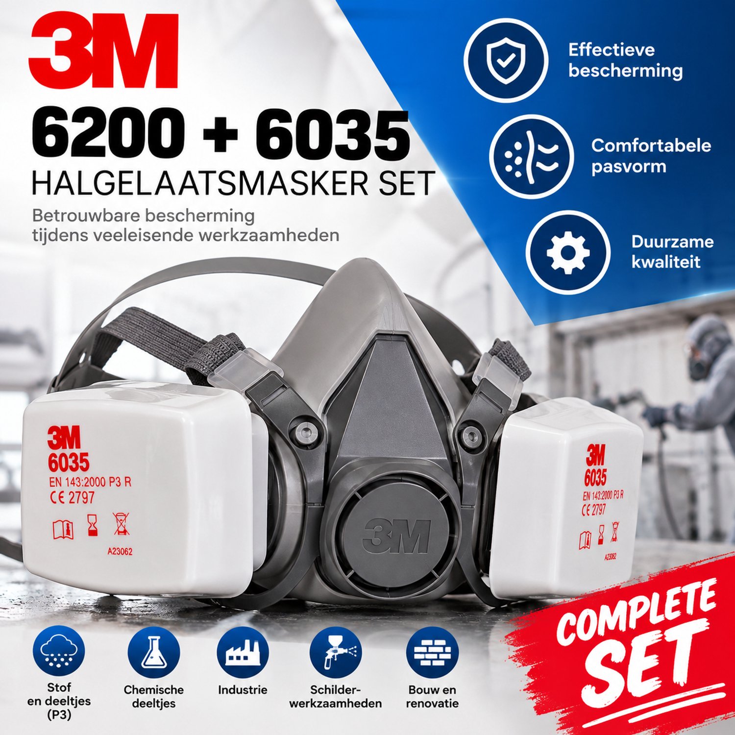 3M Halgelaatsmasker 6200 Medium + P3 Filterset 3M 6035 stoffilter deeltjes