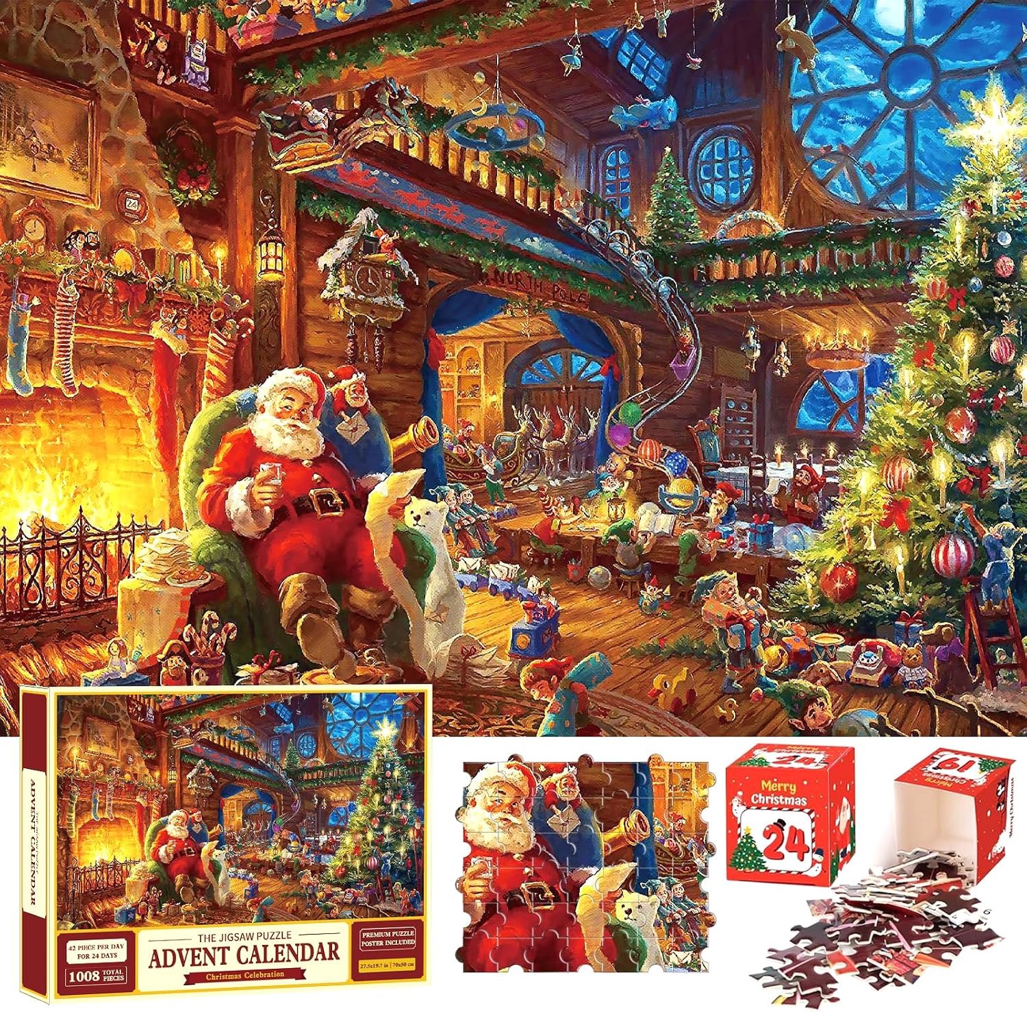 KZQ Kerst-aftelpuzzel voor 2026 – Kerstadventskalender – 1.008 stukjes – 24 afzonderlijke geschenkdoosjes – Aftellen naar Kerstmis in 24 dagen – Met kerstman-ontwerp - Set A