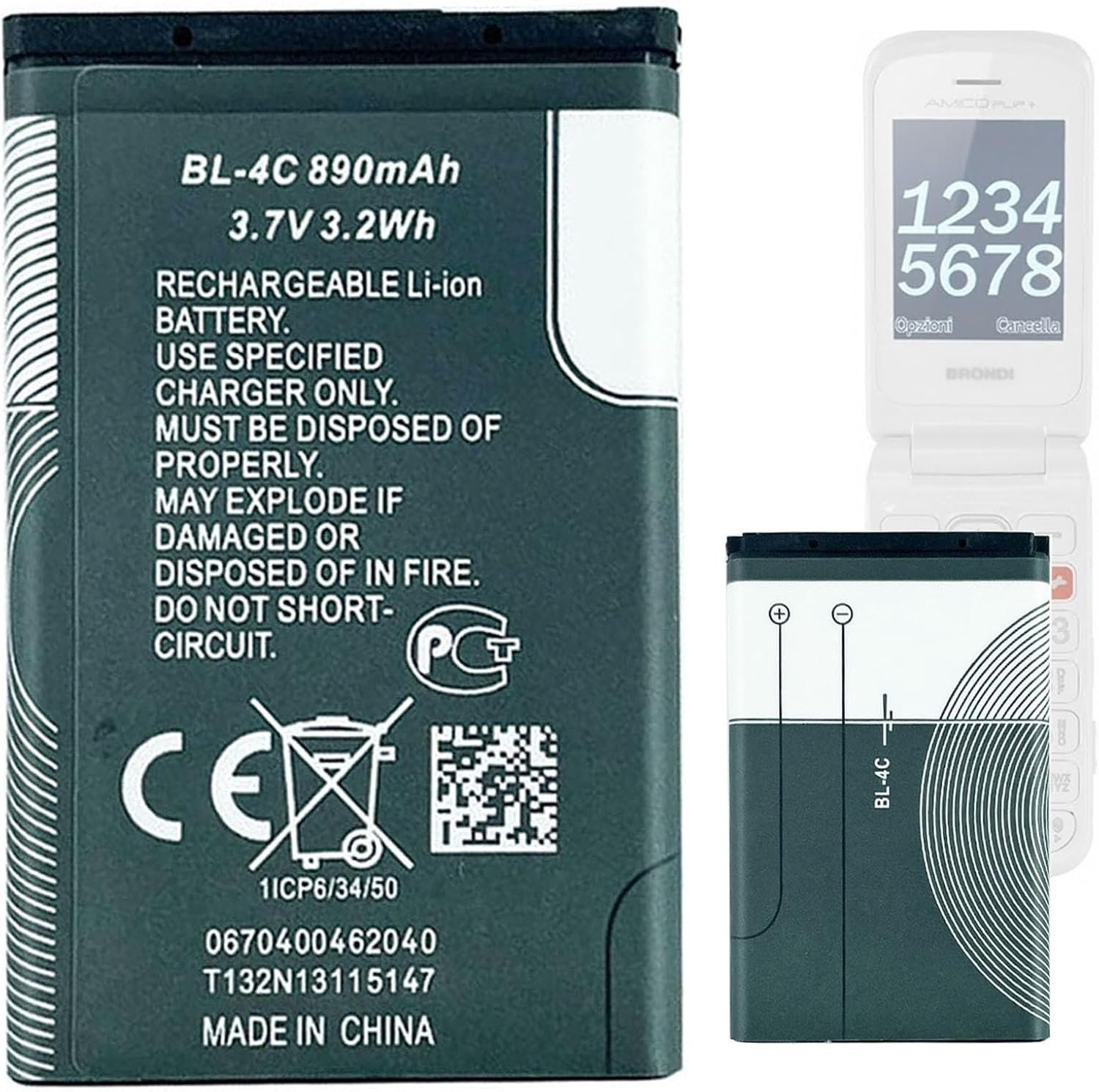 Vervangende accu BL-4C - 890 mAh - 3,7 V - voor Brondi Amico Flip+ NO.:W3 - Vemera