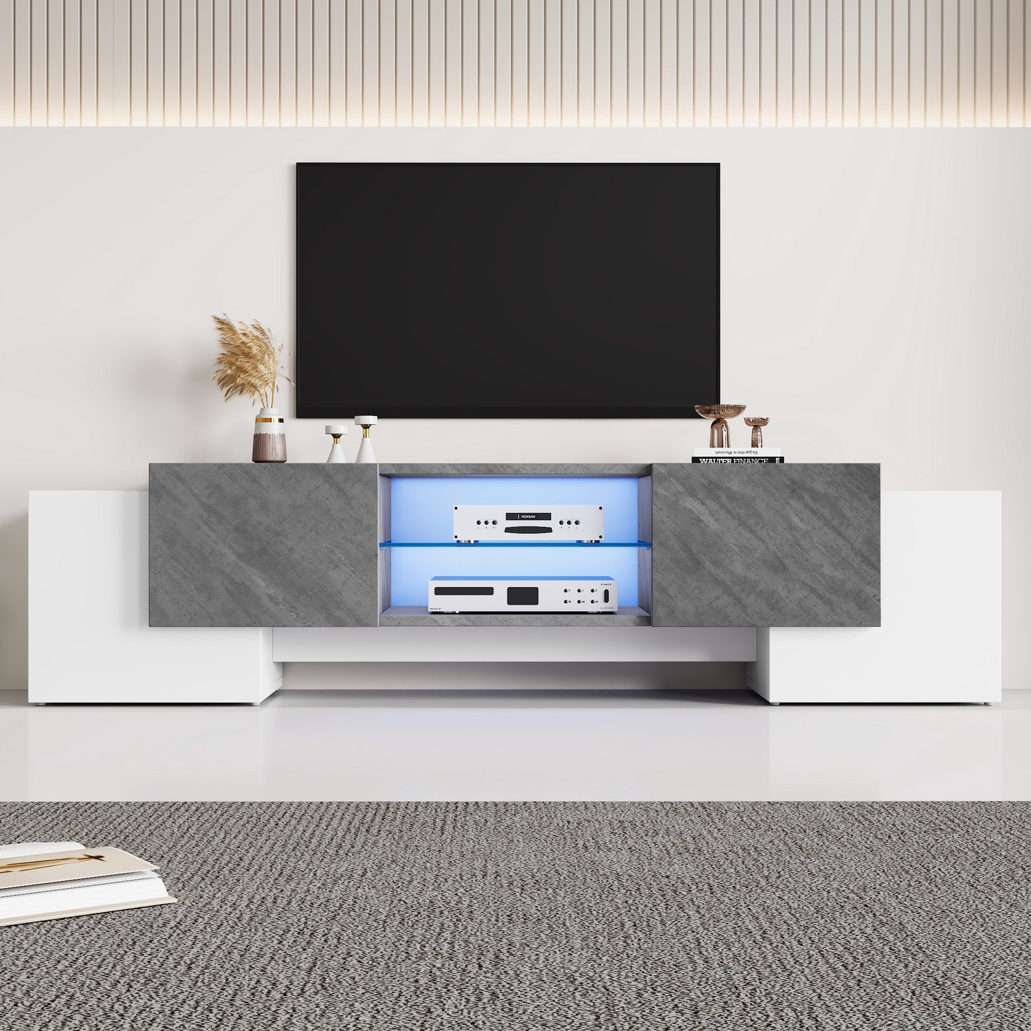 Welltin TV-meubel 180 cm - Wit grijs tv-meubel - LED-verlichting - 4 kastdeuren - voor 60 tot 70 inch tv – 180 x 40 x 46,5 cm – woonkamer wit + grijs