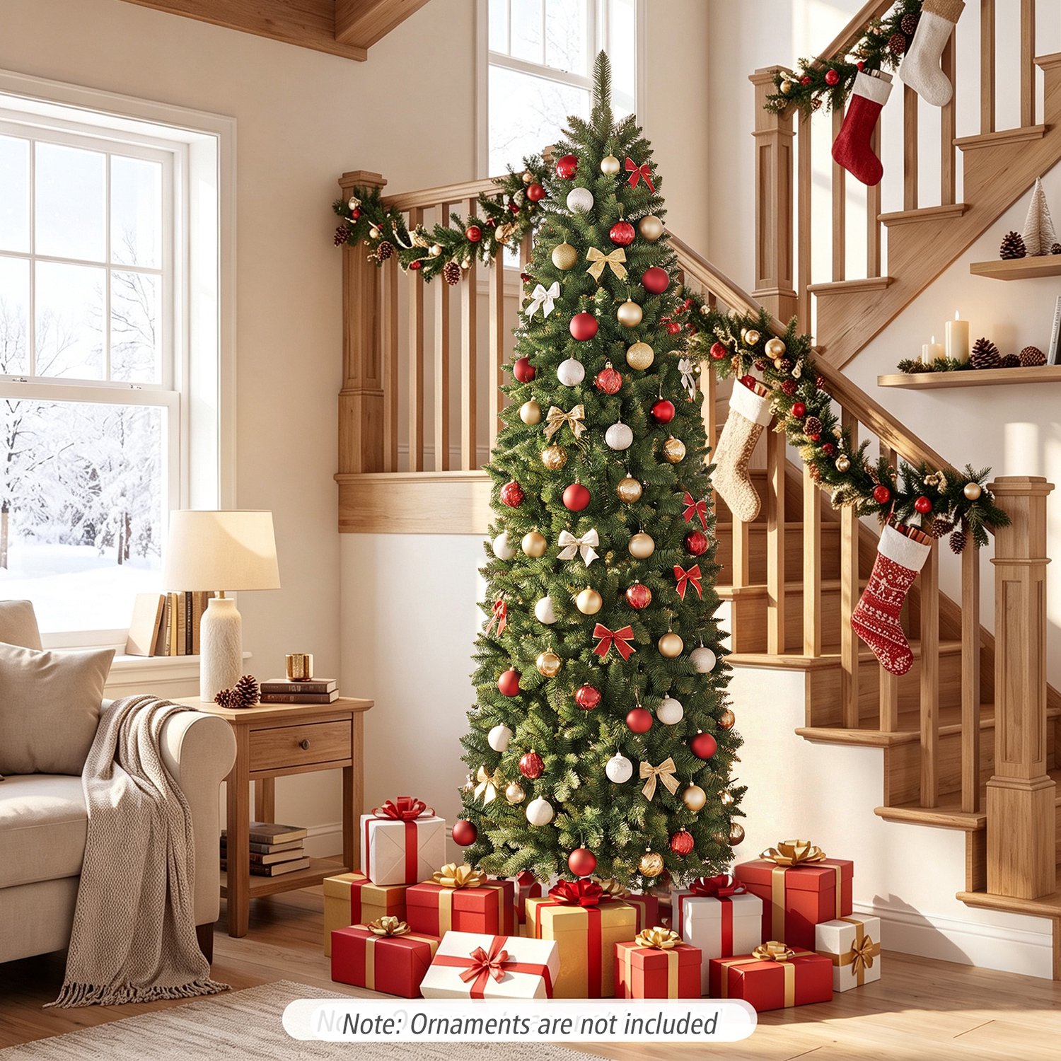 COSTWAY 200 cm Kunstkerstboom smal met verlichting - 708 takken - 250 warmwitte LED-lampjes - Metalen Standaard - Snelle Montage – foto 7