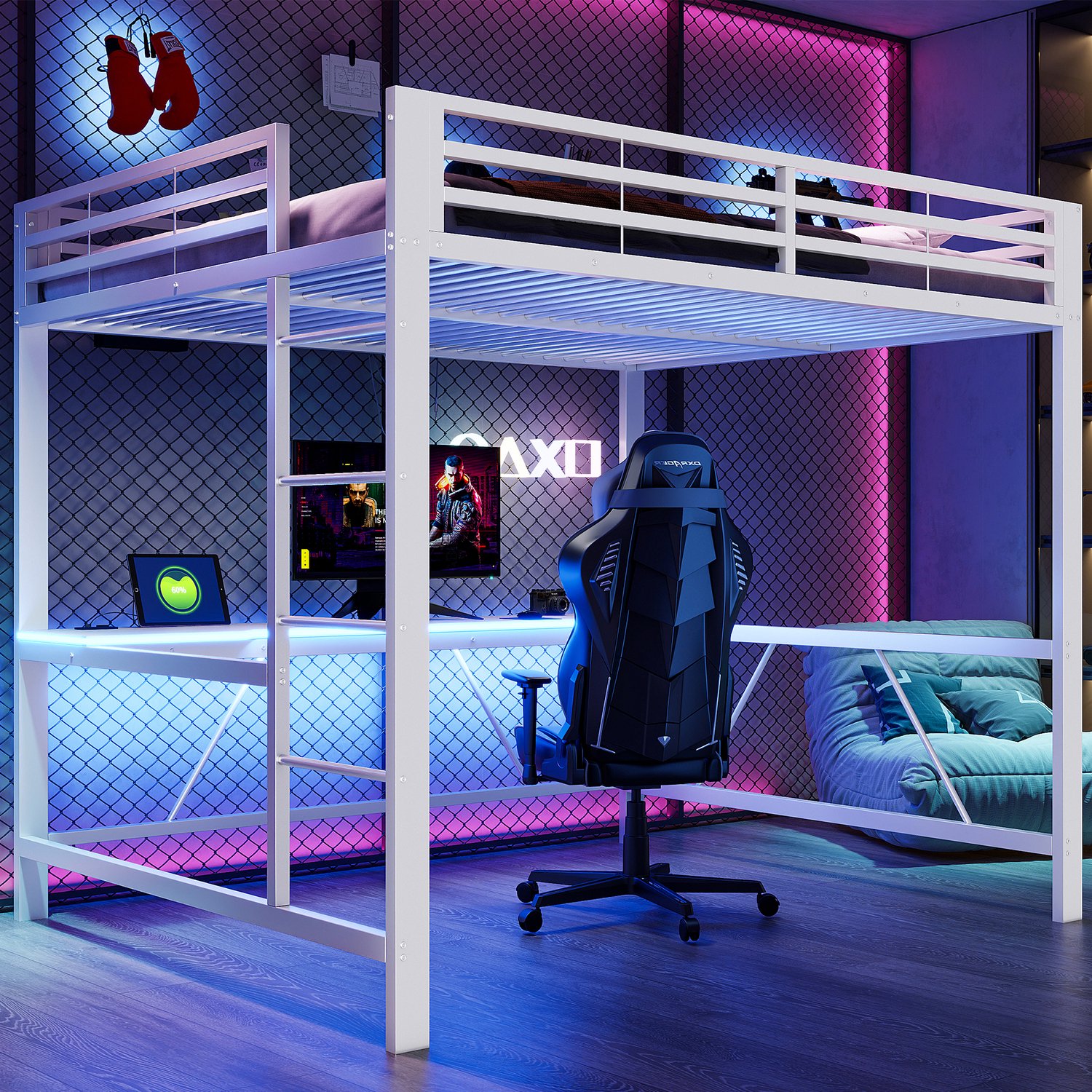 MUVANO Gaming hoogslaper 160x200 - Metalen bed met bureau - Wit gaming bed met usb - Hoogslaper met bureau - 160x200 cm - Met LED en USB - Voor tienerkamer Wit