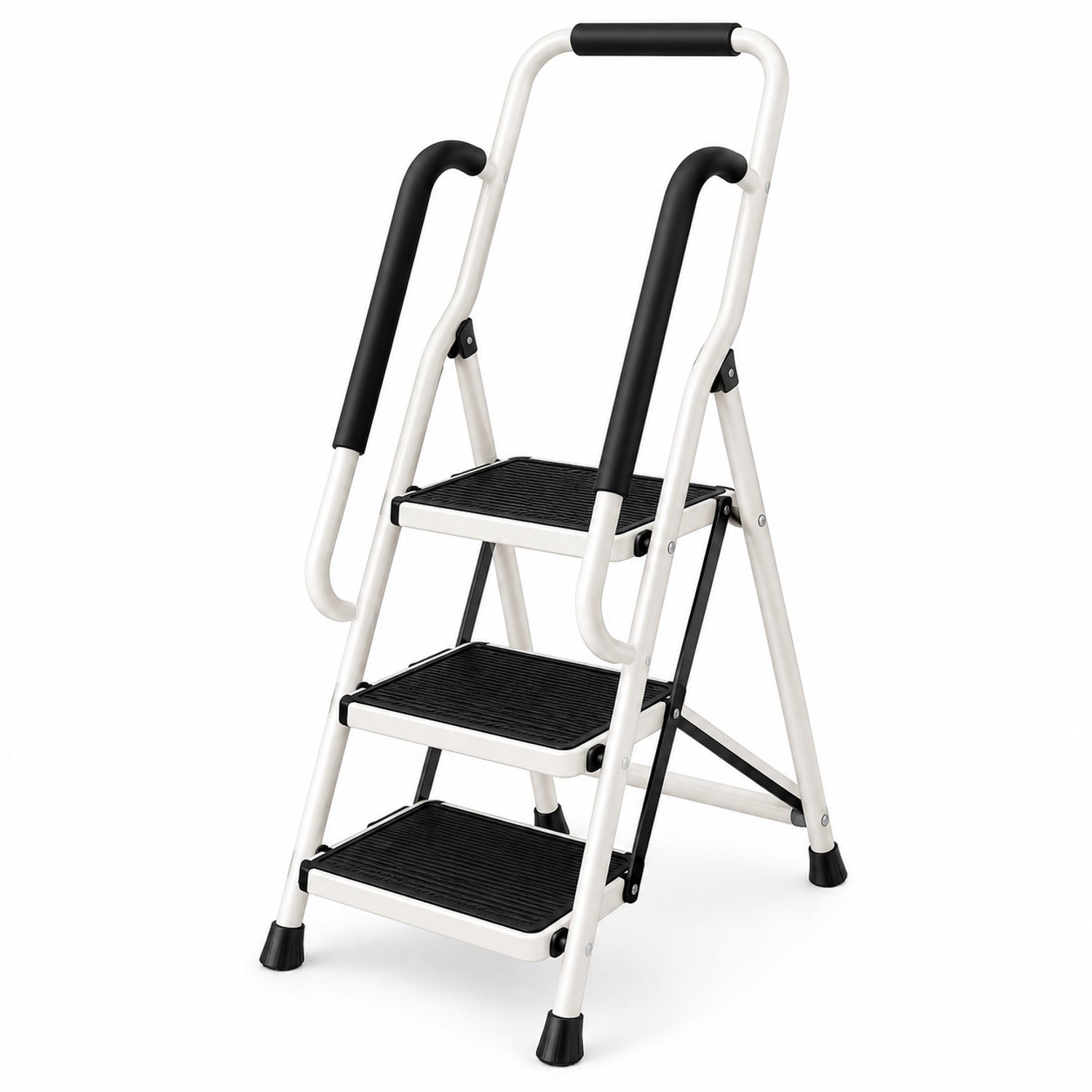 DPLUNIQ Trap - Ladder - Keukentrap - Laddertrap - 3 Treden - 47x63,5x131cm - Metaal - Antislip - Met leuning - Inklapbaar - Wit