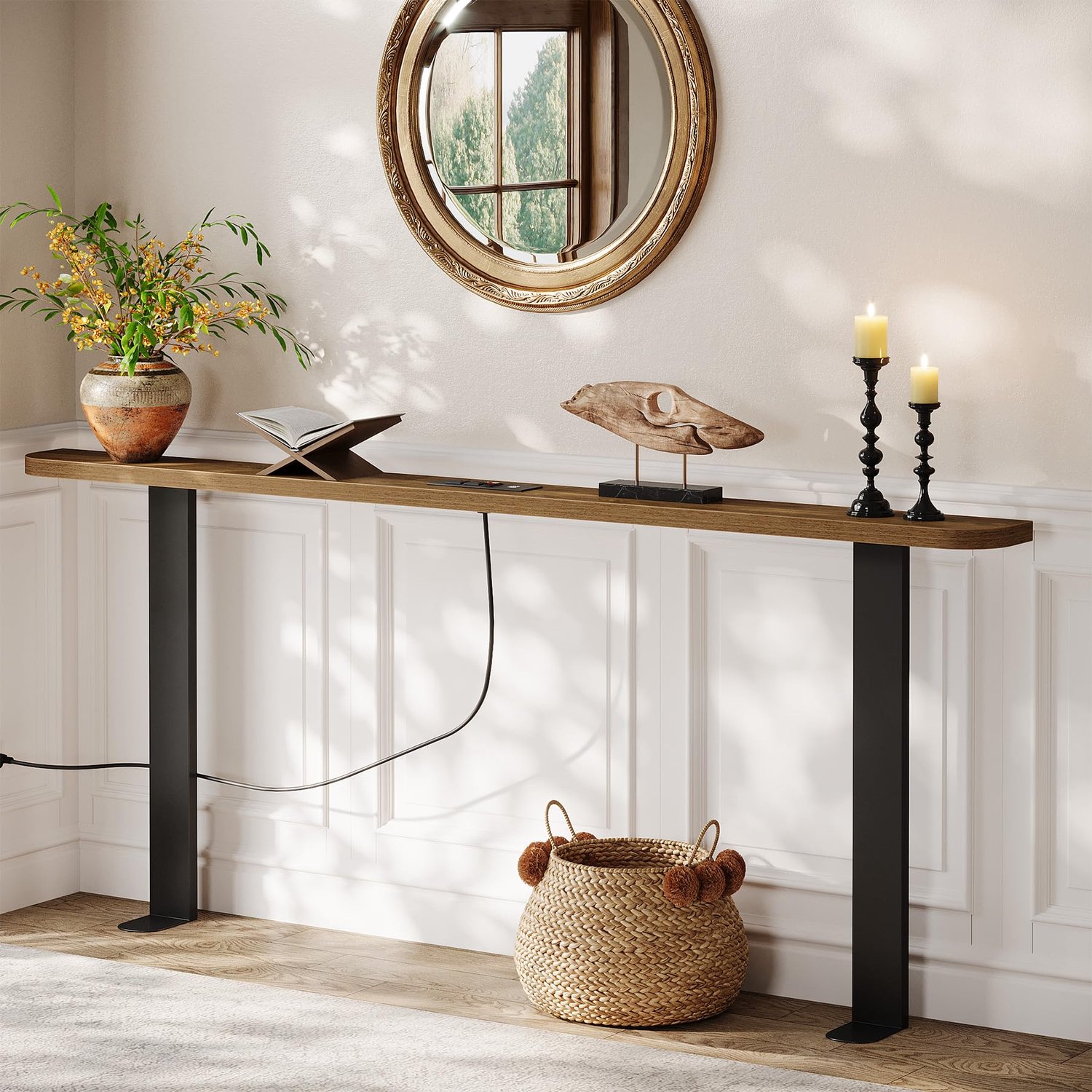 LITTLE TREE Consoletafel Achter De Bank - 180 X 15 X 82 cm - Smal Model - Met Stopcontacten - Bruin
