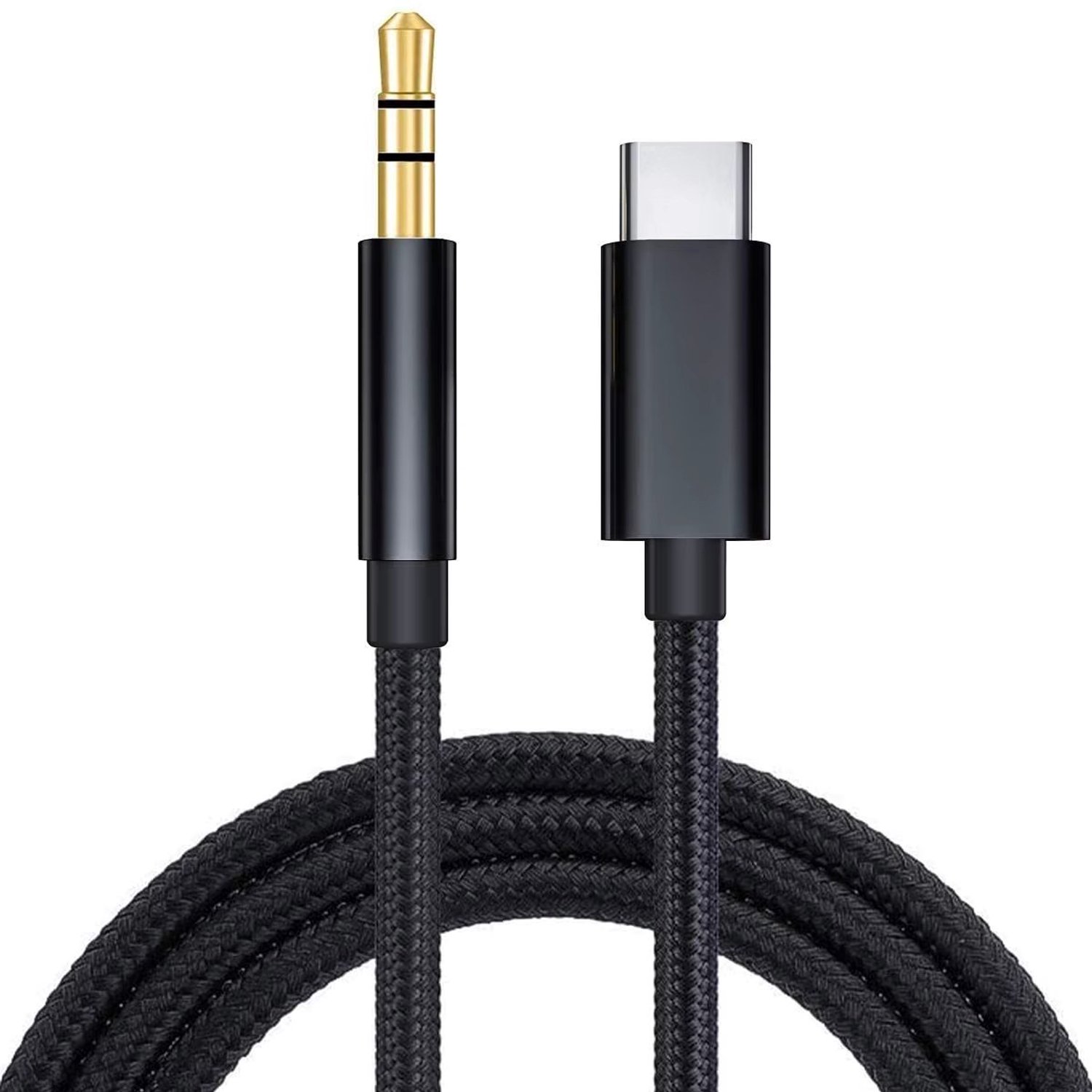 Nereb - USB-C naar 3.5 mm Jack Kabel – AUX Audio Kabel – Voor Auto, Koptelefoon & Speaker – 1m – Zwart Gevlochten