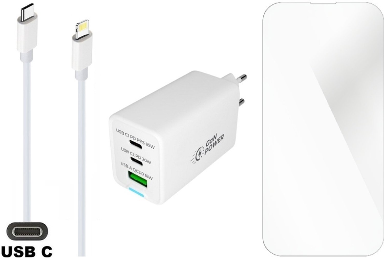 65W super snellader met 3 poorten en screenprotector. Oplader met sterke 1,5m USB C naar Lightning kabel. PPS GaN PD lader adapter. Glazen screenprotector past op Apple iPhone 13 Pro Max & iPhone 14 Plus