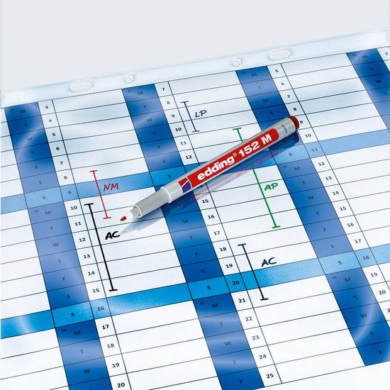 Planner met blauwe en witte vakjes, beschreven met een rode Edding 152 M stift.