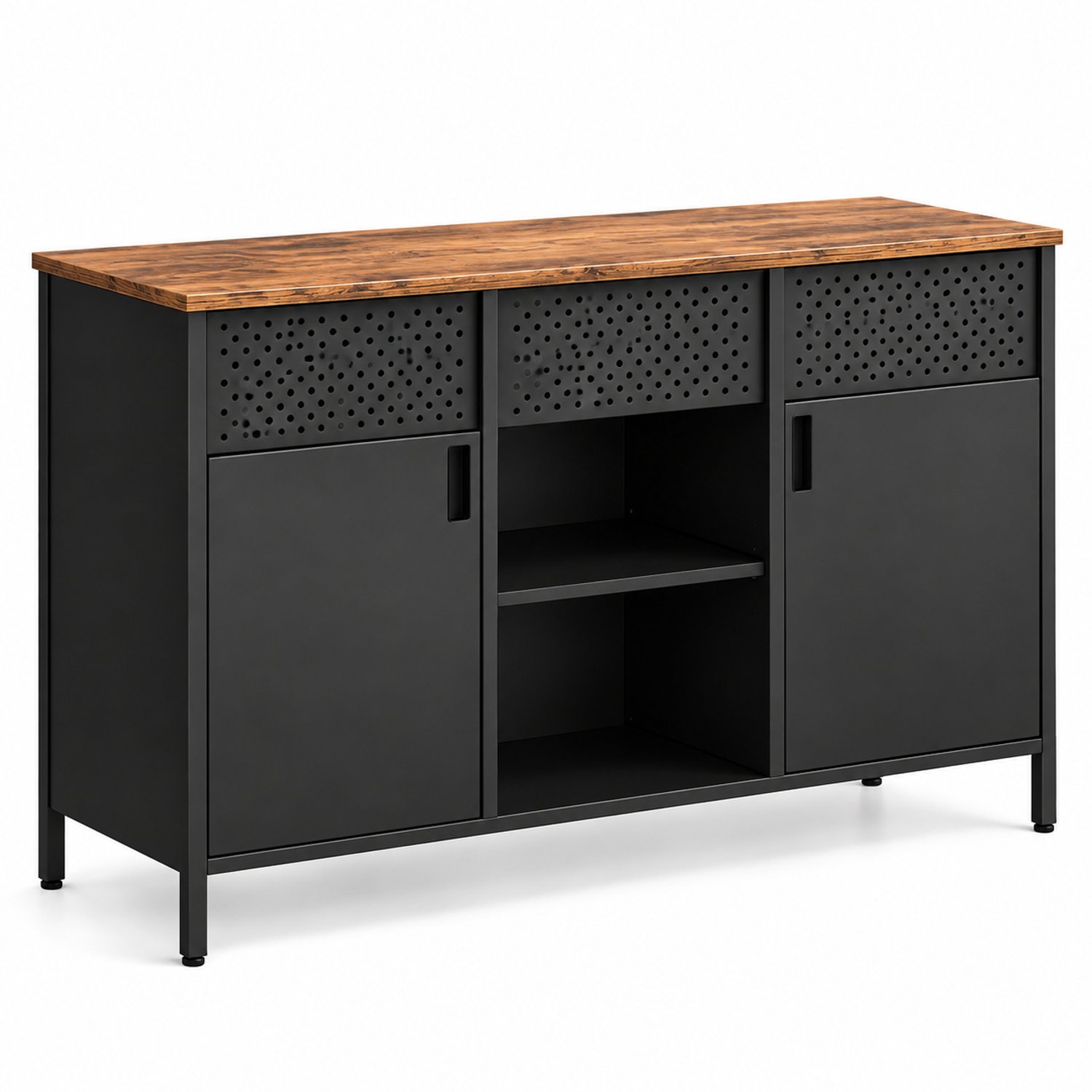ITRONIQ Dressoir Industrieel - Opbergkast met 2 Deuren en Lade - Keukenkast met Planken - 110x40x76 cm - Buffetkast - Zwart Bruin