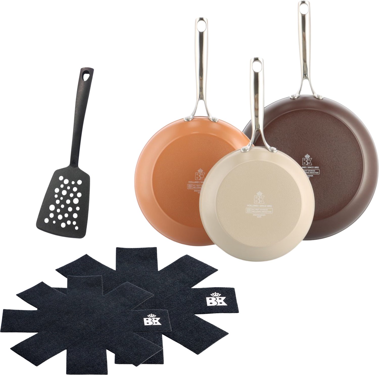 BK Sky Natural 3-delige koekenpannenset 20+24+28 cm met nylon spatel en panbeschermers