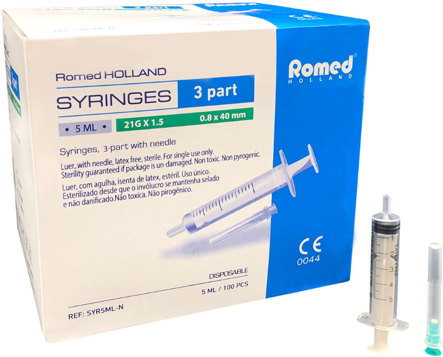 Romed 5ml injectiespuit met naald 100 stuks - Doseerspuit - Polypropyleen & Latex-vrij rubber - Tweedelige 5ml wegwerpspuit met canule, steriel per stuk verpakt. - 5 ml