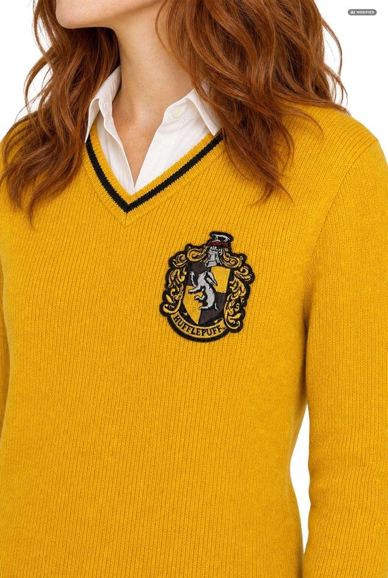 Close-up van de gele Hufflepuff-trui met V-hals en het geborduurde Hufflepuff-embleem op de borst.