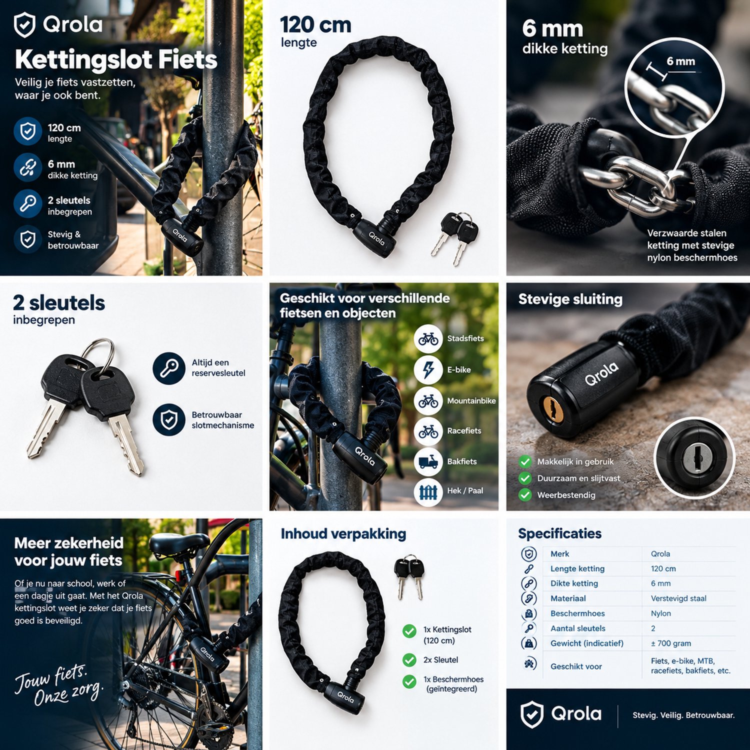 Qrola Kettingslot Fiets – 120 cm – Verzwaarde Stalen Ketting 6mm – 2 Sleutels – Fietsslot voor E-bike, Stadsfiets & Mountainbike