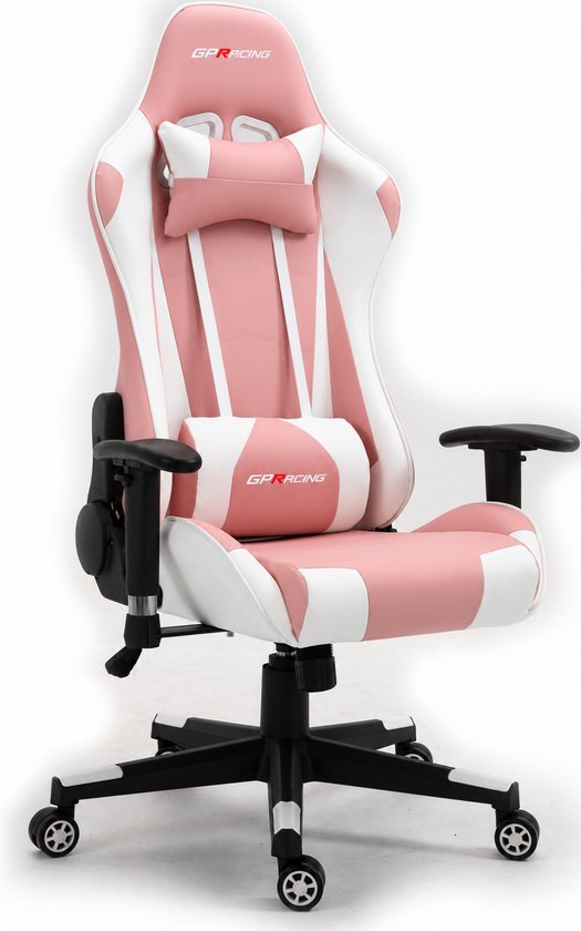 Roze en witte GPRACING gamingstoel met hoofd- en lendenkussens, verstelbare armleuningen en zwart onderstel.
