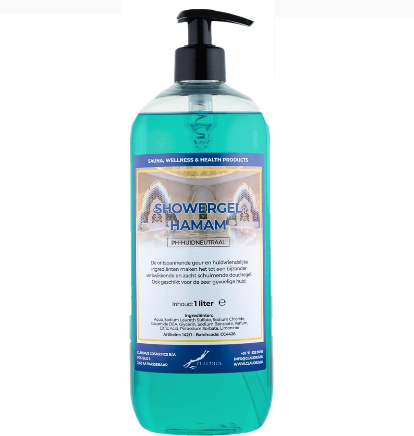 Claudius Douchegel Hamam 1 liter met gratis zwarte pomp - showergel - navulling - voordeelverpakking