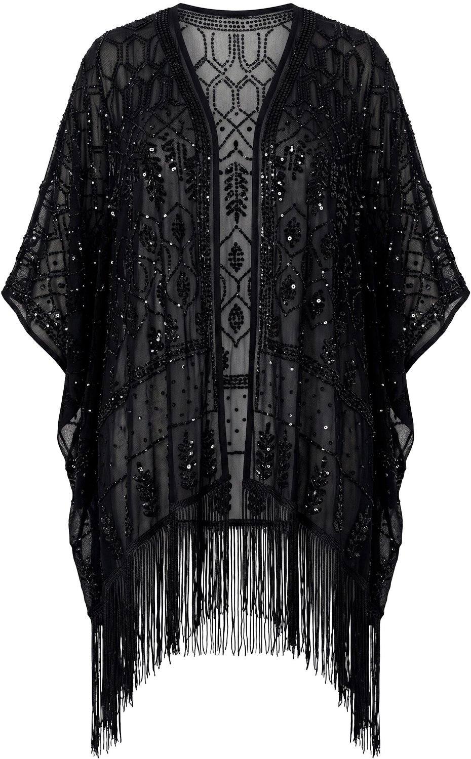 Ulla Popken - Dames - Chiffon jasje borduursel gerafelde zoom losse pasvorm - Zwart - Maat 54+