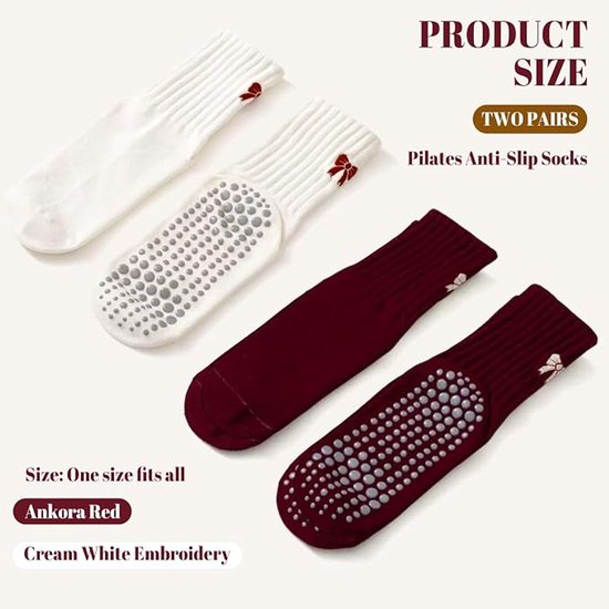 Pilates grip sokken - Yoga Sokken - voor dames - met strikjes - 2 Paar - Antislip - Zachte - Strikpatroon Sokken - voor Dans en Workouts - Wit en rood - eenheidsmaat — afbeelding 3