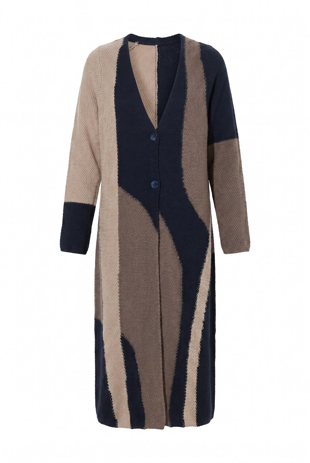 Ulla Popken - Dames - lange gebreid vest colorblocking V-hals biologisch katoen - Marine - Maat 46+