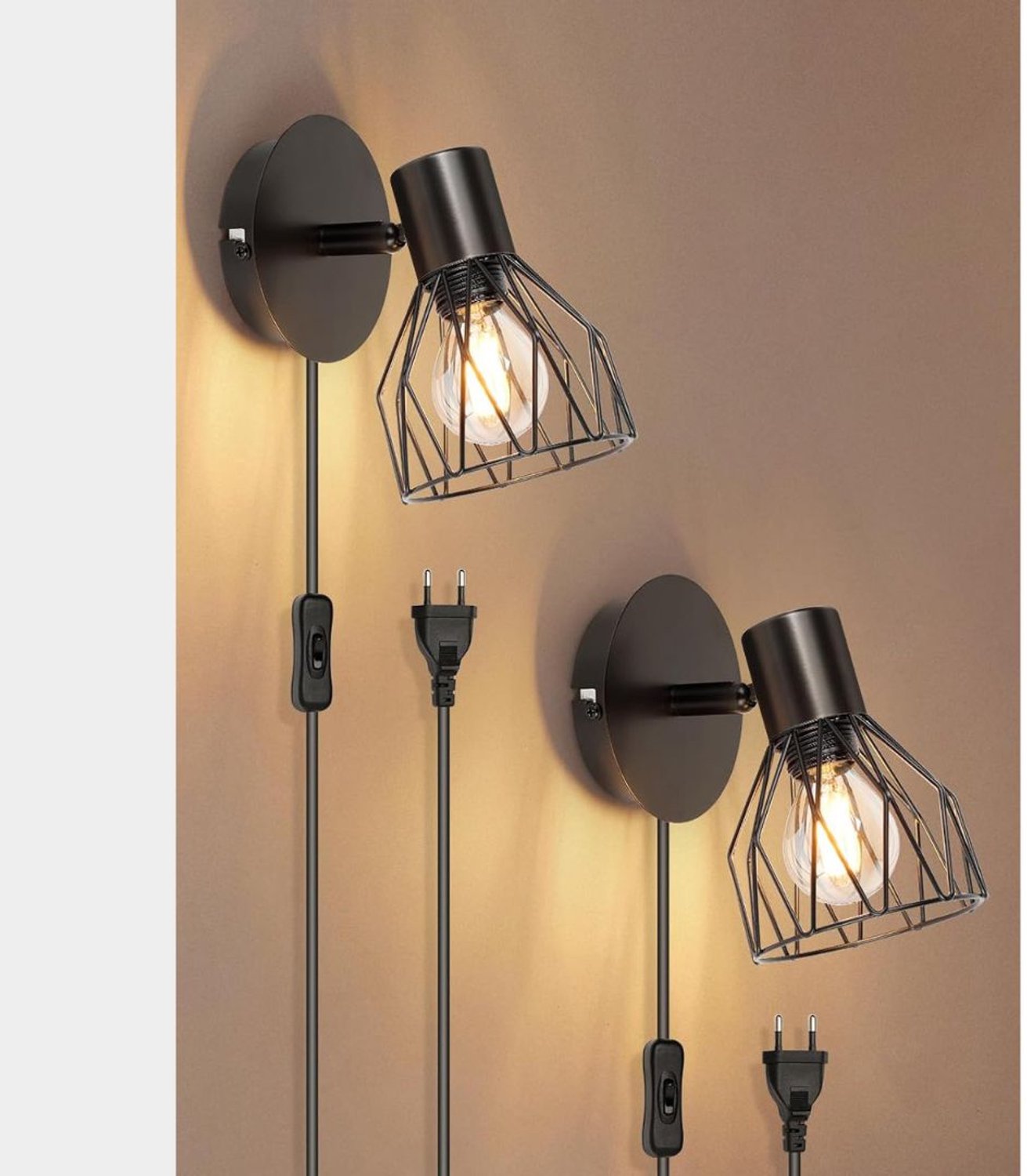 Zolvano® Wandlamp Binnen met Snoer - Wandlamp met Stekker voor Binnen - Slaapkamer Bedlampje-Zwart