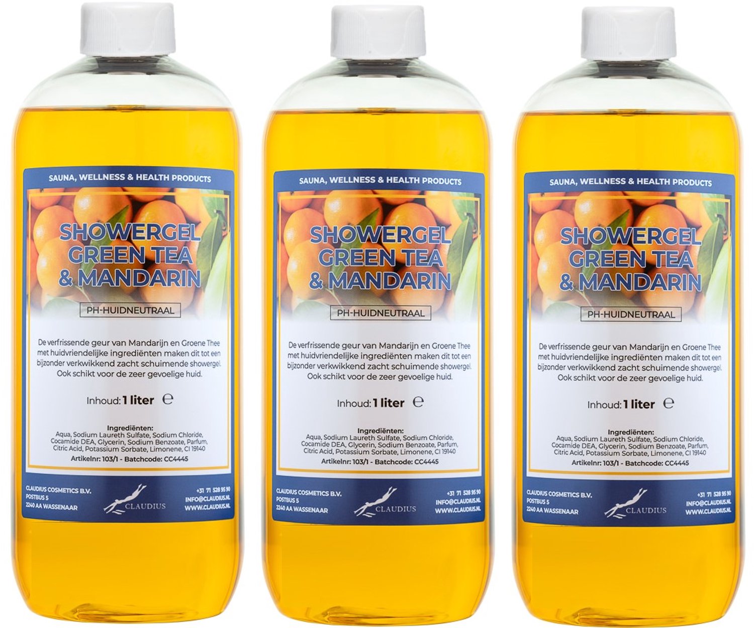 Claudius Douchegel Green Tea & Mandarin 1 liter - set van 3 stuks - showergel - navulling - voordeelverpakking