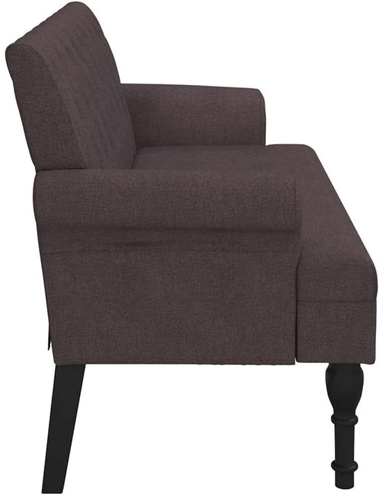Zijaanzicht van een donkerbruin bankje met gecapitonneerde rugleuning en elegante zwarte houten poten.