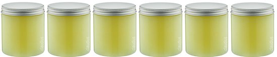 Zes potten bodyscrub met gele inhoud en aluminium deksel, merk Claudius.