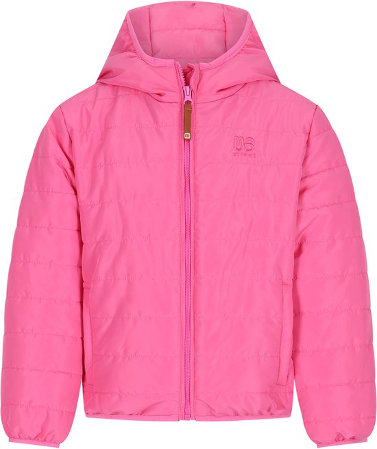 Roze gewatteerde Moodstreet jas met capuchon, ritssluiting en 'Moodstreet' logo op de borst.