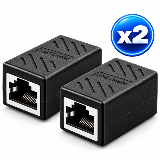 Lot de deux coupleurs réseau RJ45 noirs avec points de contact métalliques et motif à rayures diagonales.