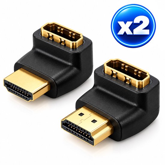 Set van twee zwarte, haakse HDMI-adapters met vergulde connectoren en een 'x2' icoon in de hoek.